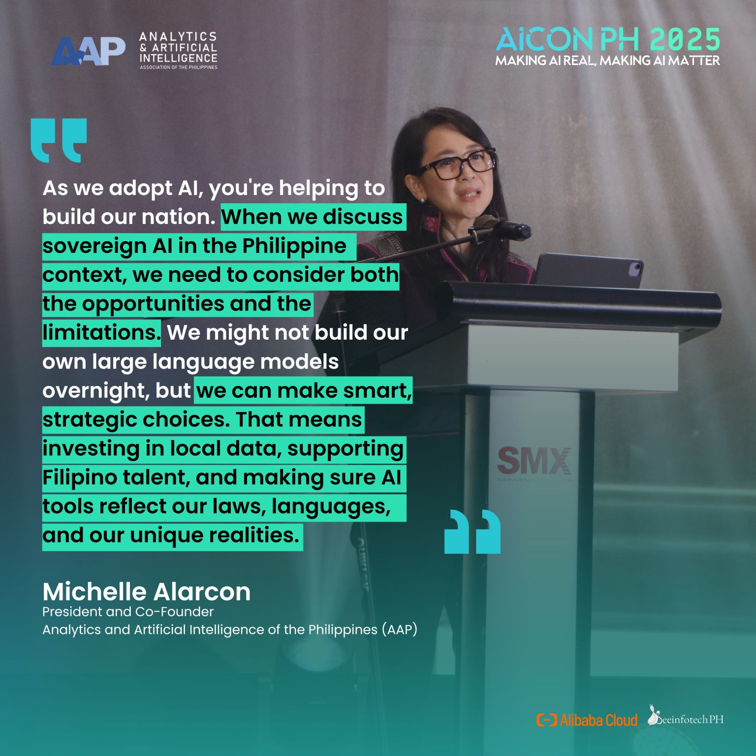 Michelle Alarcon speaking at a podium at AICON PH 2025, with her quote on sovereign AI in the Philippine context: investing in local data, supporting Filipino talent, and making sure AI tools reflect our laws, languages, and unique realities.