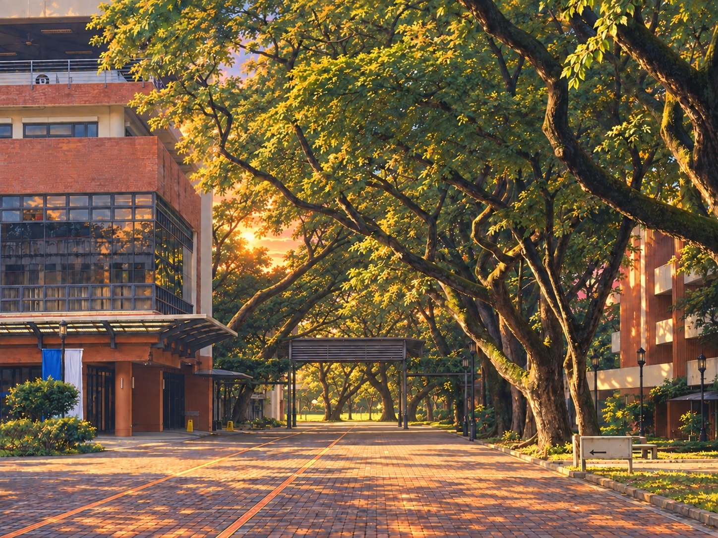 Golden sunlight falls across Ateneo’s empty Red Brick Road beneath a canopy of rain trees.