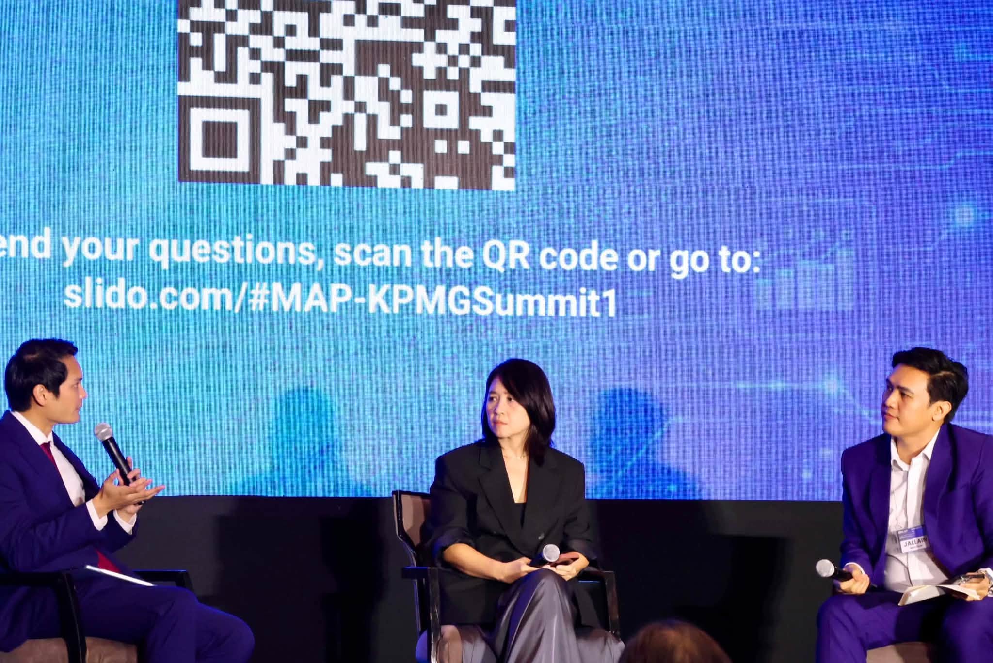Panel session at the MAP x KPMG Technology Summit: The Honorable Javier Benitez, Ms. Michelle Alarcon, and Mr. Jallain Manrique seated on stage.